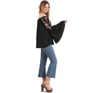 Umgee Floral Embroidered Bell Sleeve Top, Black